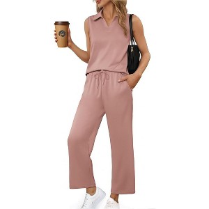 PINSPARK Two Piece Sets for Women Sleeveless Outfits Travel Tracksuit V Neck Top Wide Leg Pant Lounge Sets 2025 Summer - 1 of 4