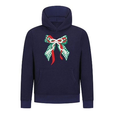 Everyday Kids Christmas Collection Green Gingham Pearl Bow Girls Pullover Hoodie – Holiday Sweatshirt - Navy