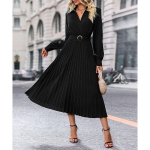 Coolmee Women's Business Casual Shirt Dress Cross Lapel V Neck Solid Color Dresses Long Sleeves Accordion Pleated Midi Dresses with Belt XL Black - 1 of 4