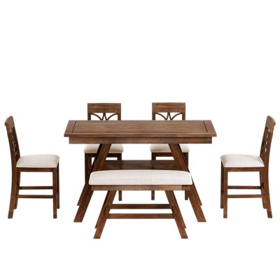 NicBex 6-Piece Dining Table Set with 4 Dining Chairs & Long Bench Modern Wooden Kitchen Table with Open Storage Shelf for Dining Room