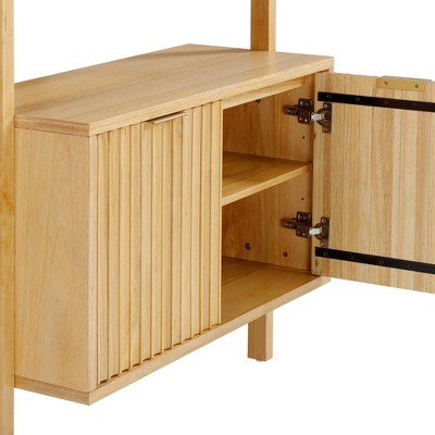 Warm Pine Wood Fluted Desk with Bookshelves and Drawer