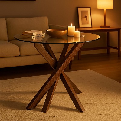 Homy Casa Round Dining Table with Glass Top and Wooden Base for Kitchen or Dining Room, Clear