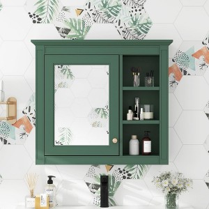 Bathroom Medicine Cabinet W/Mirror Door, Wall Mounted Bathroom Storage Cabinet, Bathroom Cabinet with 3 Open Shelves, Storage Medicine Cabinet, Green - 1 of 4