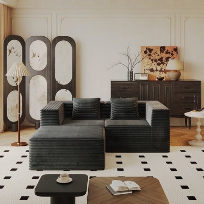 77.17" Corduroy Modular Boneless L-Shaped Sectional Sofa with Ottoman, High-Density Memory Foam, Flexible Configurations, Plush Cushions