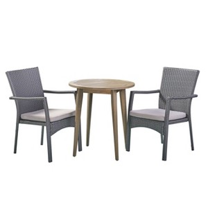 Arezzo 3pc Wood & Wicker Bistro Set: Cushioned Chairs, Acacia Table - Christopher Knight Home - 1 of 4