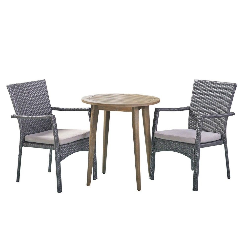 Photos - Garden Furniture Arezzo 3pc Wood & Wicker Bistro Set - Gray/Gray - Christopher Knight Home