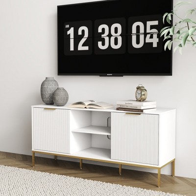 JUJABU Modern TV Console with Wave-Pattern Cabinet Doors, Open & Adjustable Shelves - White