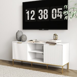 JUJABU Modern TV Console with Wave-Pattern Cabinet Doors, Open & Adjustable Shelves - White - 1 of 4