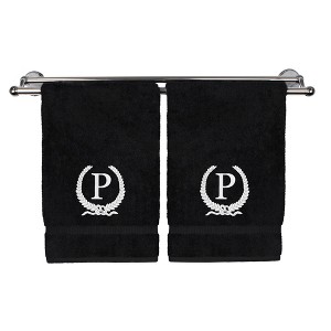 BC BARE COTTON Monogrammed Hand Towel, 100% Turkish Cotton - Set of 2 - Black - White Wreath - 1 of 1