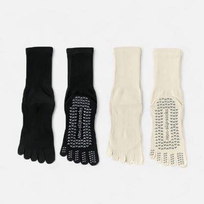 Anna-Kaci Women's 2-Pack Grip Toe Socks with Non-Slip Soles and Ribbed Knit in Neutral Tones for Yoga and Studio Classes