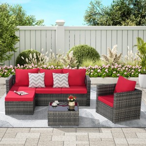 Outdoor Sofa Set, 6 Pcs Furniture Set, Wicker Sofa With Cushions,  L- Shaped Sofa, Detachable Lounger and Coffee Table -Coolbibila - 1 of 4