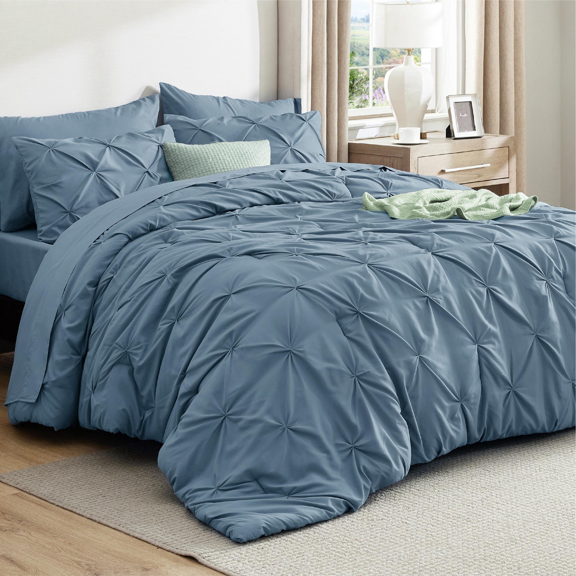 Bedsure Bed in a Bag Comforter Set with Sheets, 7pcs Solid Diamond Pintuck All-Season Bedding, Soft Mineral Blue King Bedding Set, Gift for Family