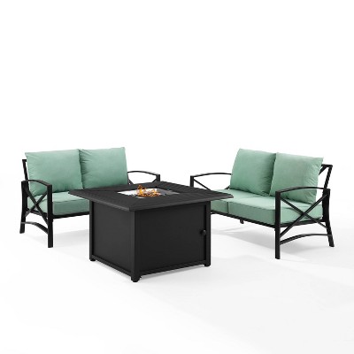 Kaplan 3pc Outdoor Conversation Set with Fire Table & 2 Loveseats - Mist - Crosley
