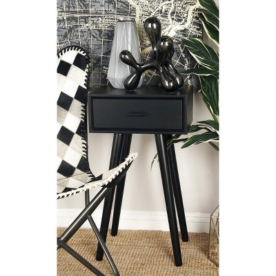Modern Matte Black 16" Solid Wood Accent Table with Storage