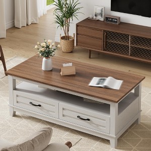 47.2" Wood Modern Coffee Table with Drawers and Open Shelf, Easy Assembly Center Table for Living Room, Balcony, Parlor - 330 Lbs Capacity - 1 of 4