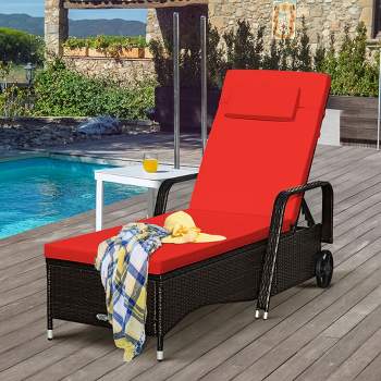 Patio Rattan Lounge Chair Chaise Recliner Adjust Cushion Red & Off White Cover