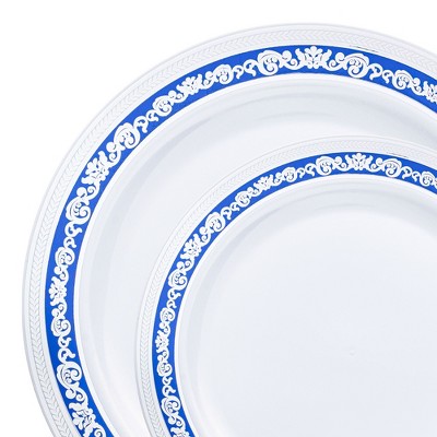 Smarty Had A Party White w/ Blue and Silver Royal Rim Plastic Dinnerware Set - 120 Sets