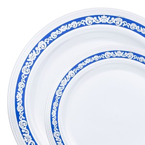 Smarty Had A Party White w/ Blue and Silver Royal Rim Plastic Dinnerware Set - 120 Sets - 1 of 4