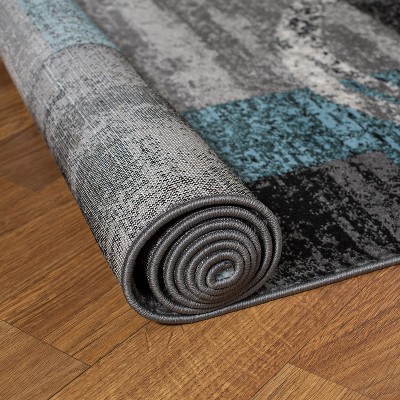 Gray and Teal Abstract Geometric Runner Rug 2'7" x 6'