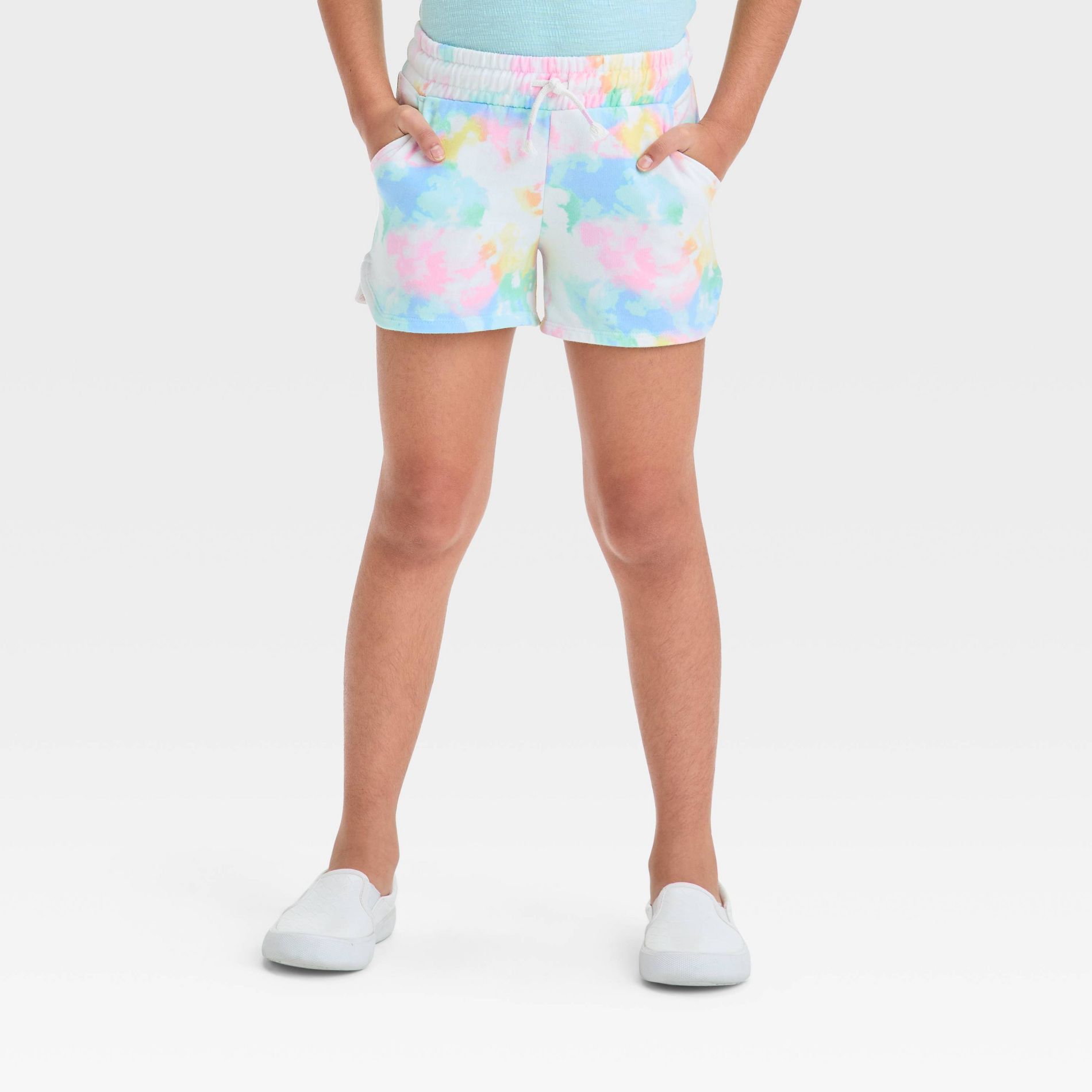 Girls' Pull-On Knit Shorts - Cat & Jack™ Tie-Dye Cream XS: Cotton Blend, Midweight, Side Pocket, Elastic Waistband