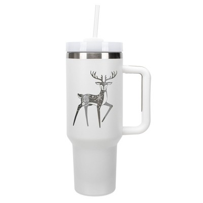 Elanze Designs 40 Ounce Travel Tumbler With Straw and Lid Stainless Steel Double Wall Insulated Graceful Forest Deer White