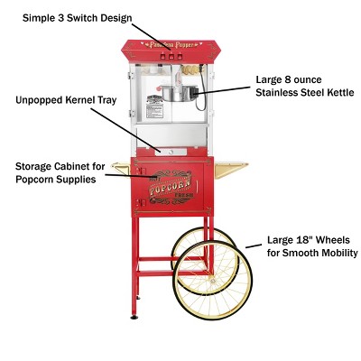 Great Northern Popcorn 8 oz. Pasadena Popcorn Machine- Kettle, Old Maids Drawer, Warming Tray and Scoop with Cart- Red