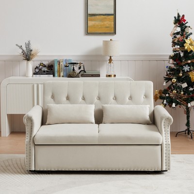 55'' Shiny Velvet Convertible Loveseat Sleeper Sofa with Adjustable Backrest, Pull-Out Bed and 2 Lumbar Pillows