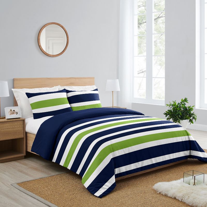 Sweet Jojo Designs Boy Full/Queen Comforter Bedding Set Stripe Blue Green Grey 3pc, 3 of 8