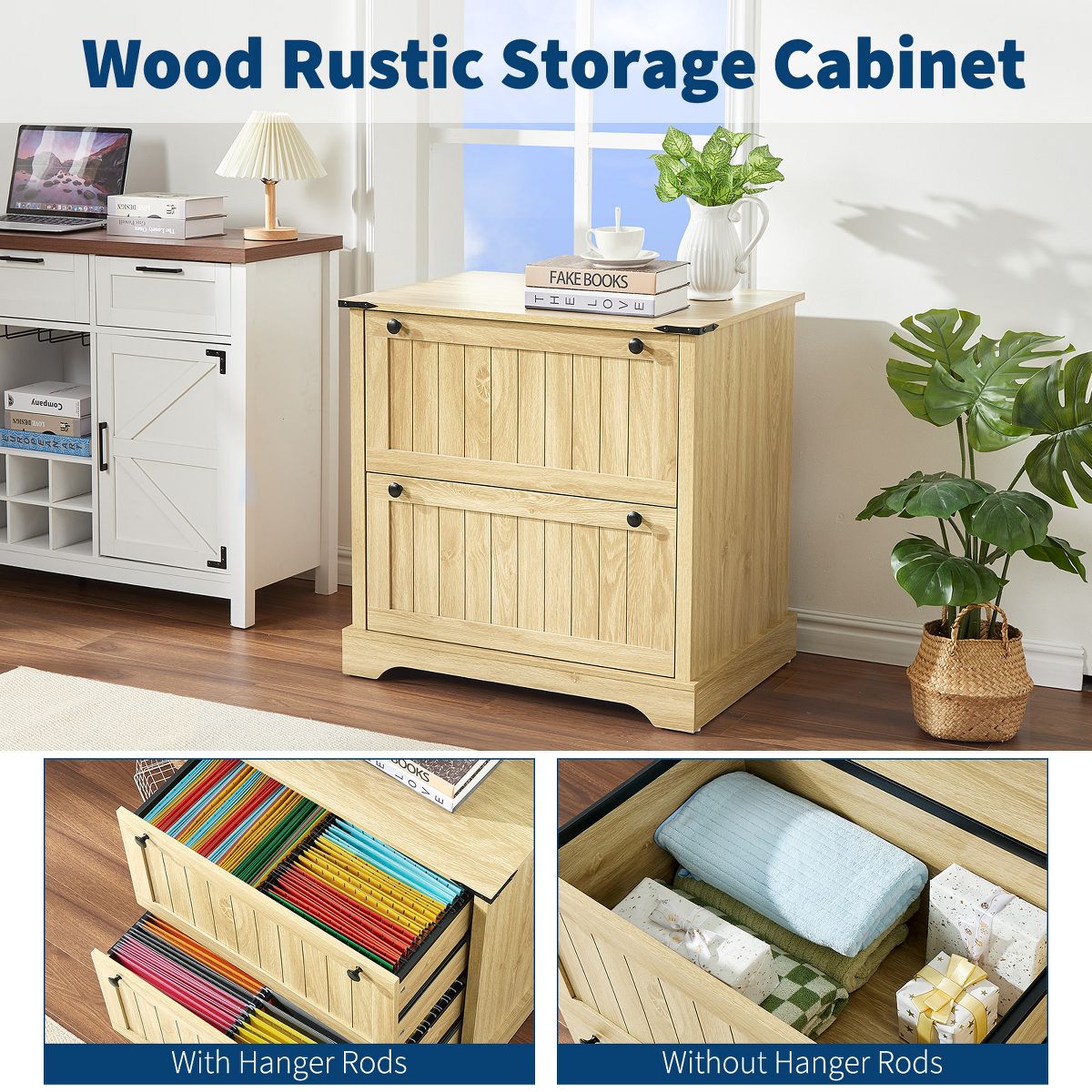 Wood rustic storage cabinet with and without hanging file rods