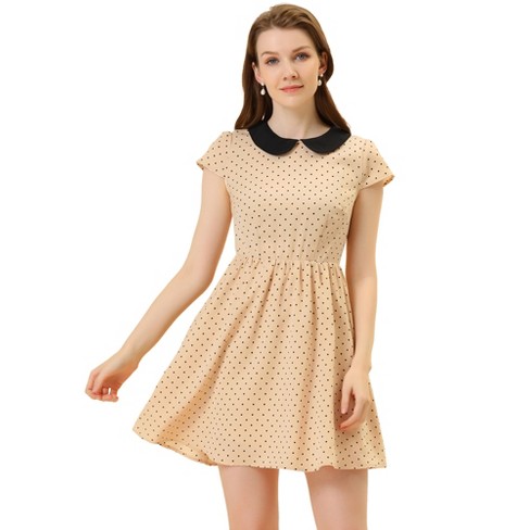 Allegra K Women's Peter Pan Collar Short Sleeves Contrast A-line Polka Dots  Dress Beige Large : Target