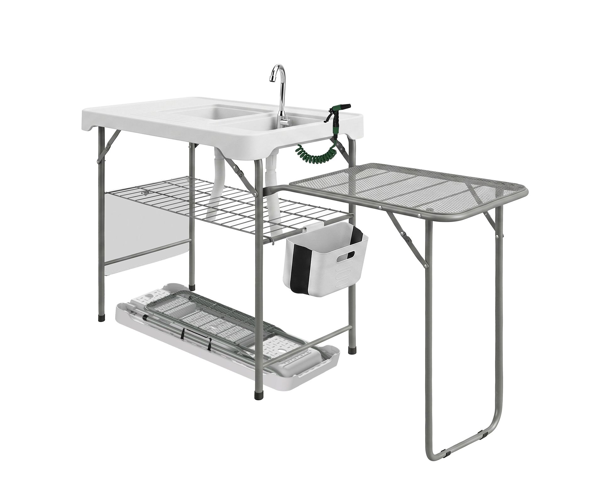 Portable Fish Cleaning Table with Dual Sink, Foldable Outdoor Camping Sink Table with Faucet & Foldable Extension Stand for Camping, Fishing, BBQ