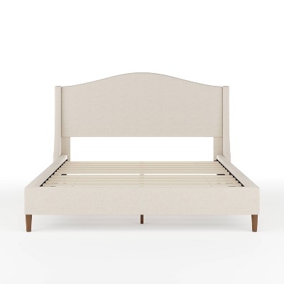 Amelia Queen Beige Linen Upholstered Platform Bed with Walnut Legs