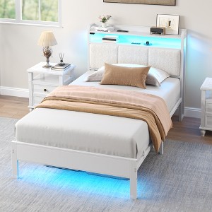Greenstell  Bed Frame with Upholstered Storage Headboard  and Charging Station & LED Lights - 1 of 4