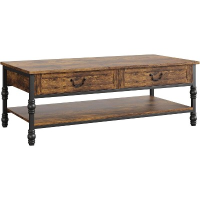 41" Coffee Table with 2 Storage Drawers, Rustic Coffee Tables w/Storage Shelf and Metal Legs,Wood Large Rectangular Coffee Table