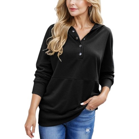 Amaryllis Women's Casual Button V-Neck Hoodie Long Sleeve Relaxed Fit Cozy Pullover with Front Pocket - image 1 of 4