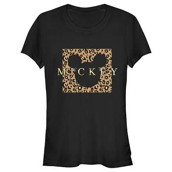 Juniors Womens Mickey & Friends Leopard Square T-Shirt