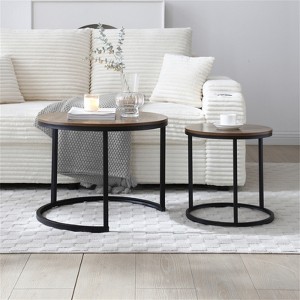 RISOKEYS Set of 2 Nesting Coffee Tables - Circular Side Tables with Marble Pattern Top and Black Frame for Living Room, Bedroom - 1 of 4
