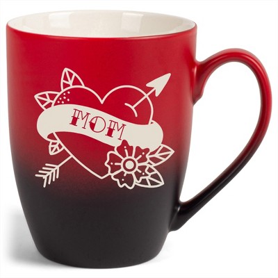 100 North Floral Heart 10 Ounce Red and Black Two Toned Ombre, Comfortably Fits Your Hands, Ceramic Tea Coffee Cup Mug, Mom