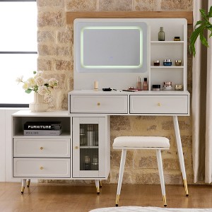 KWPZQEB Makeup Desk Set with Mirror and Lights, Makeup Vanity Desk with Drawers&Stool, Built-in Power&Open Shelves, Makeup Dressing Table for Bedroom - 1 of 4