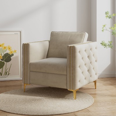 CAVINAS Luxury Velvet Accent Chair with Metal Legs,Comfy Sitting Chair with Nailhead Trim,Tufted Button Back Armchair for Living Room,Bedroom