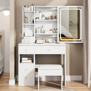 Angel Sar White Vanity Set with Sliding Led Mirror and Lights, Makeup Vanity Set with Cushioned Stool - 1 of 4