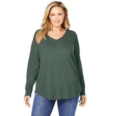 Woman Within Plus Size Washed Thermal V-Neck Tee