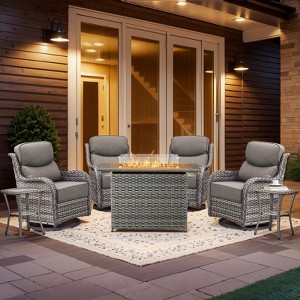 Buenhomino Luxury 7 Piece Wicker Patio Furniture Set with 41" Fire Pit Table - Outdoor Swivel Rocker Chairs Set of 4 with 2 Glass Side Tables - 1 of 4