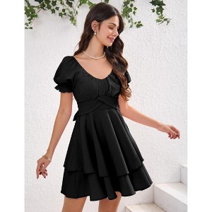 Womens Dress Summer V Neck Puff Sleeve Double-Layer Casual Elegant Midi Dress - 1 of 4