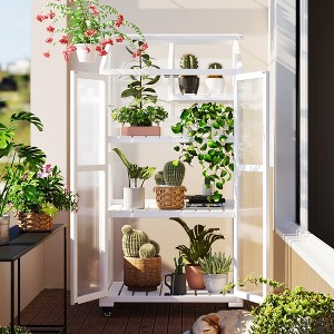 62" H Patio Wood Greenhouse, Balcony Portable Cold Frame with Wheels and Adjustable Shelves for Outdoor Indoor Use - ModernLuxe - 1 of 4