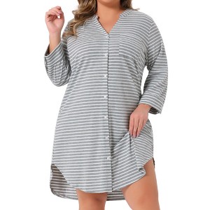 Women's Plus Size Stripe Button Down 3/4 Sleeve Side Slits Soft Lounge Midi Nightshirt with Pocket - Agnes Orinda 3X Gray - 1 of 4
