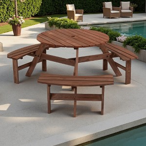 6-Person Outdoor Patio Fir Wood Round Picnic Dining Set with 3 Built-in Benches and Umbrella Hole - 1 of 4