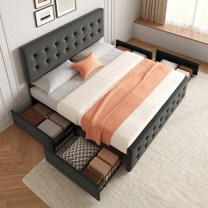 Full/ Queen/ King Size Bed Frame, Upholstered Bed Frame With And 4 Storage Drawers,Button Tufted Design,Wooden Slats Support, No Box Springs Needed - 1 of 4
