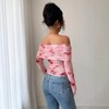 Women's Off-Shoulder Slim Fit Ruched Asymmetric Floral Top, Long Sleeve Print Blouse for Party & Casual Wear - 3 of 4