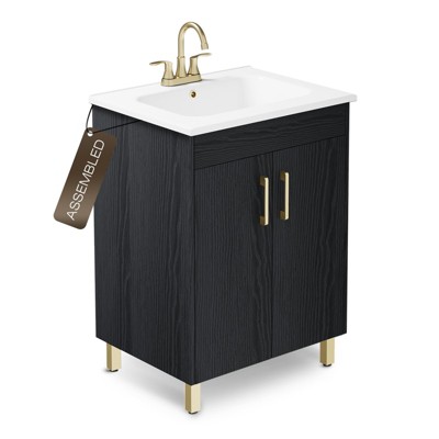 phiestina 24 Inch Black Bathroom Vanity, Fully Pre-Assembled Cabinet with Ceramic Sink, 2 Soft Close Doors, Modern Storage, Faucet Not Included